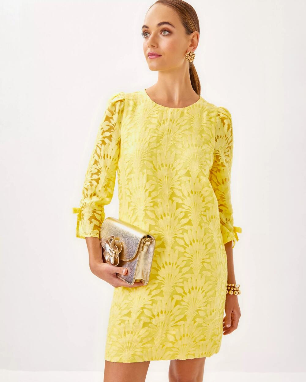 Lilly Pulitzer Kavianna Burnout Shift Dress L/XL Yellow Floral Jacquard Mod